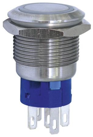 MAV19A0F20E-624-JR KNITTER-SWITCH Illuminated Push Button Switch, Momentary, Panel Mount, 19.2mm Cutout, DPDT, Green LED, 28 V dc, 250V