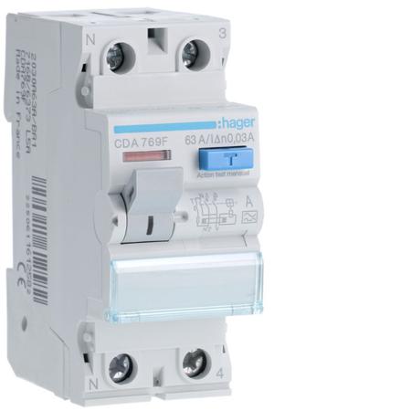 CDA769F Hager CDA RCD Switch, 63A, 2 Pole, 30mA, Type A, 230V