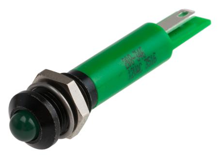 208-346 RS PRO Green Panel Mount Indicator, 12V ac, 8mm Mounting Hole Size, Solder Tab Termination