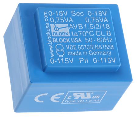 AVB1.5/2/18 Block 18V ac 2 Output Through Hole PCB Transformer, 1.5VA
