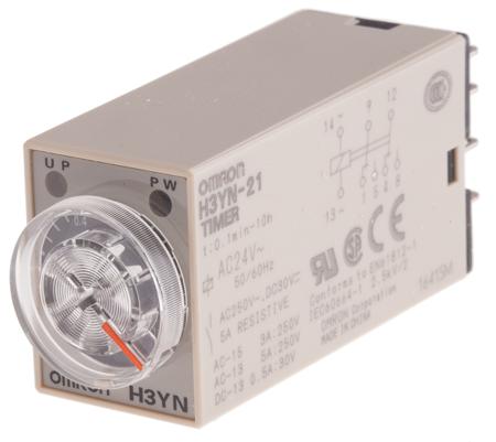 H3YN-21-AC24 Multi Function Timer Relay, Socket, 0.1 min → 10 h, 2 Contacts, DPDT, 24 V ac