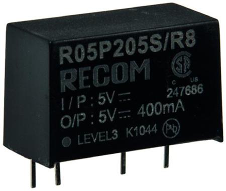 R05P212S-R8 Recom 2W Isolated DC-DC Converter Through Hole, Vin 4.5 → 5.5 V dc, Vout 12V dc, I/O isolation 8kV dc