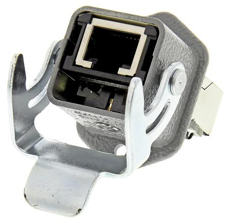 09452151100 HARTING Han 3A RJ45 Series Female to Female RJ45 Connector, Through Hole, Cat5 Right Angle 2 Port 8 -Way