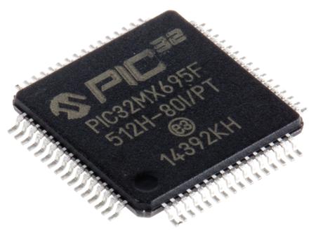 PIC32MX695F512H-80I-PT Microchip PIC32MX695F512H-80I/PT, 32bit PIC Microcontroller, 80MHz, 12 kB, 512 kB Flash, 64-Pin TQFP