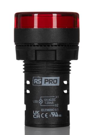 271-7486 RS PRO, Panel Mount Red LED Pilot Light, 22mm Cutout, IP65, Round, 12V ac/dc