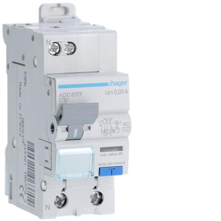 ADC817F Hager RCBO, 10A Current Rating, 1P+N Poles, 30mA Trip Sensitivity, Type AC