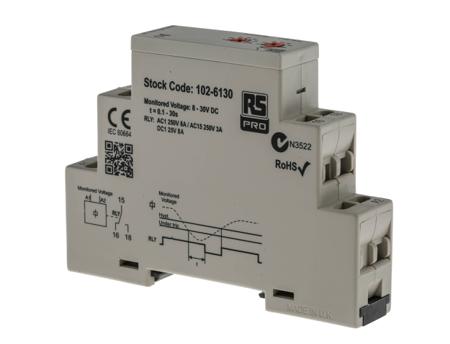 102-6130 RS PRO Voltage Monitoring Relay, 1 Phase, SPDT, 12 → 24V dc, DIN Rail