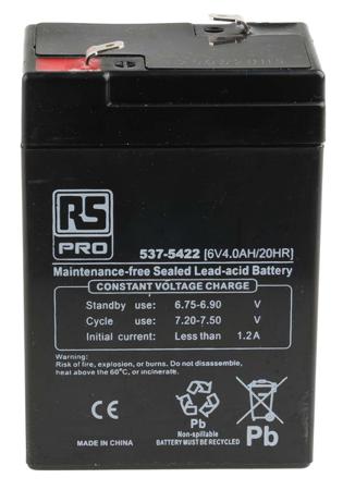537-5422 RS PRO 6V T1 Sealed Lead Acid Battery, 4Ah