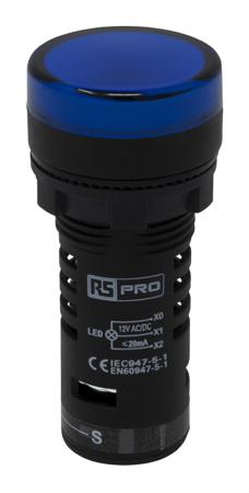 909-2483 RS Pro Blue LED Pilot Light Complete With Test Circuit, 22mm Cutout, IP65, Round, 12 V ac/dc, 20 mA