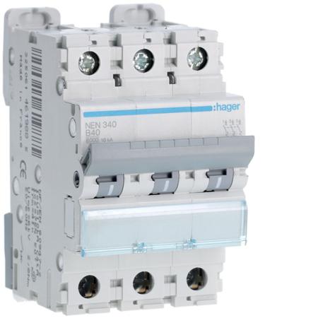 NEN340 Hager NEN MCB, 3P, 40A, 400V AC, 10 Breaking Capacity