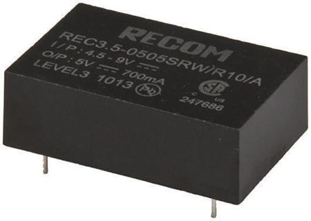 REC3-5-0512SRW-R10-A Recom Through Hole 3.5W Isolated DC-DC Converter, Vin 4.5 → 9 V dc, I/O isolation 10kV, Vout 12V dc