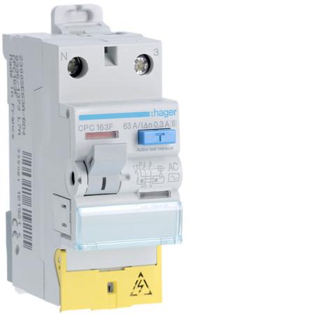 CPC163F Hager CPC RCCB, 63A, 1P+N Pole, 300mA, Type AC, 230V ac