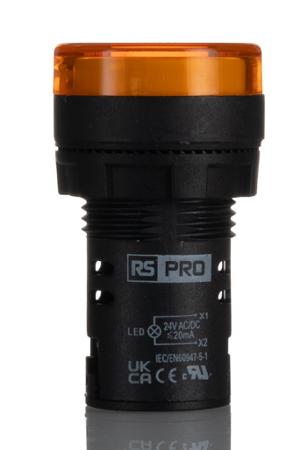 271-7493 RS PRO, Panel Mount Yellow LED Pilot Light, 22mm Cutout, IP65, Round, 24V ac/dc