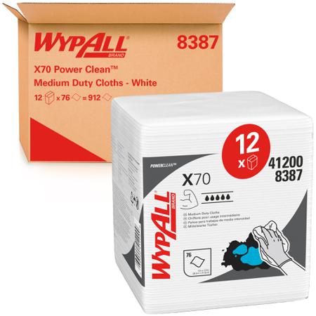 8387 WYPALL WypAll® X70 Power Clean™  White Cloths for Industrial Cleaning, Dry Use, Box of 76, 305 x 318mm, Repeat Use
