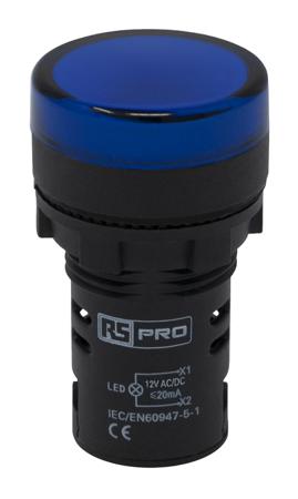 791-8585 RS Pro Blue LED Indicator, 22mm Cutout, IP65, 12 V ac/dc