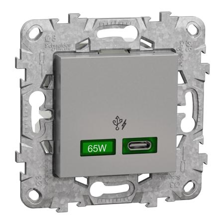 NU501430 Unica Aluminum Color 2 Gang USB Socket, 1 Pole Poles, 3A, USB-C, Indoor Use