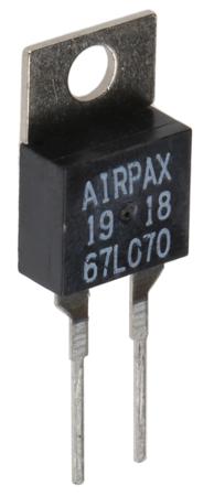 67L070 Sensata Airpax Bi-Metallic Thermostat, Opens at +70°C, +130°C Max, NC, Automatic Reset, PCB Mount