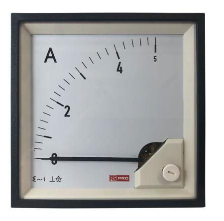 186-2458 RS PRO Analogue Panel Ammeter 5 (Input, Scale)A AC, 92mm x 92mm, 1 % Moving Iron