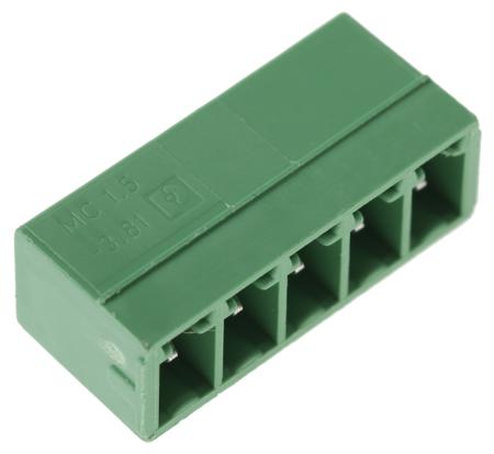 1803303 Phoenix Contact, 3.81mm Pitch, MC 1.5/ 5-G-3.81, 5 Way, Right Angle, Pluggable Terminal Block, Header, Through Hole,
