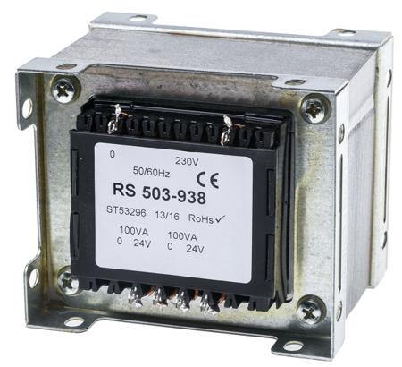 503-938 RS PRO 200VA 2 Output Chassis Mounting Transformer, 24V ac, IEC 61558-2-6