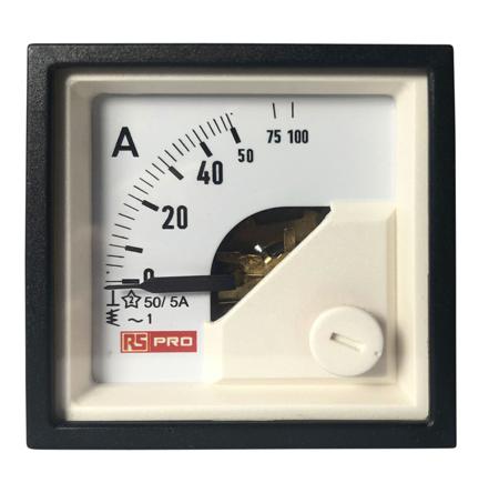 186-2419 RS PRO Analogue Panel Ammeter 10 (Input) A, 100 (Scle) A, 50/5 (CT) A AC, 45mm x 45mm, 1 % Moving Iron