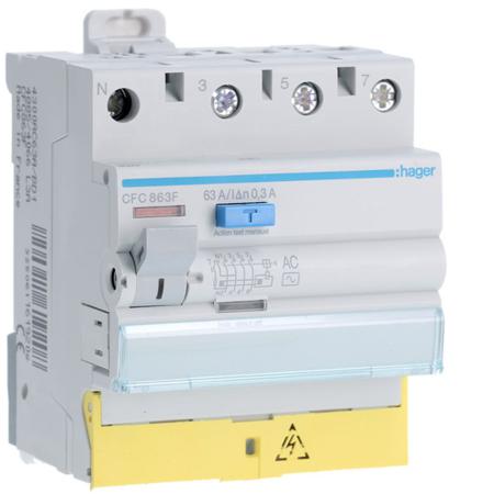 CFC863F Hager CFC RCD Switch, 63A, 4 Pole, 300mA, Type AC, 230 → 400V