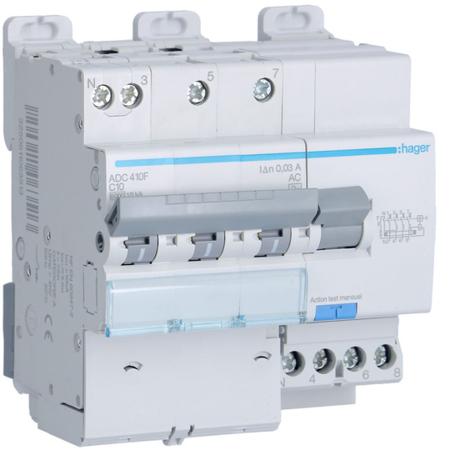 ADC410F Hager RCBO, 10A Current Rating, 3P+N Poles, 30mA Trip Sensitivity, Type AC
