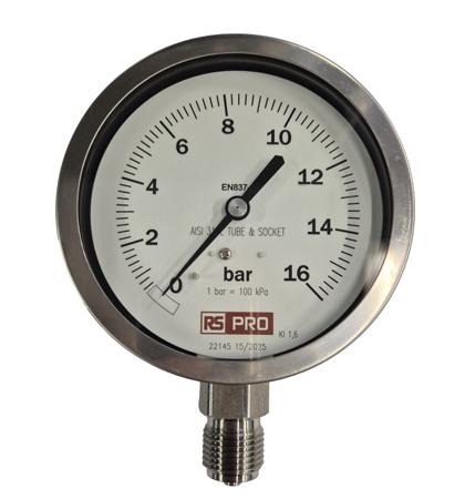 152-308 RS PRO BSP 1/2in Analogue Pressure Gauge 16bar Bottom Entry 100mm Outside Diameter