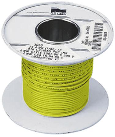 3057 YL001 Alpha Wire Hook-up Wire PVC Series Yellow 1.32 mm² Hook Up Wire, 16 AWG, 26/0.25 mm, 305m, PVC Insulation,