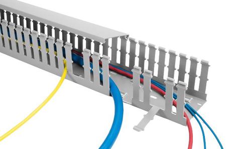 181-10258-HTWD-PW-40X100-PVC-GY HellermannTyton HTWD-PW Grey Slotted Panel Trunking - Open Slot, W40 mm x D100mm, L2m, PVC