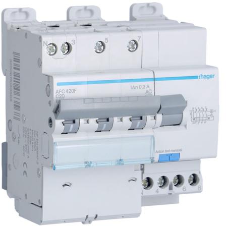AFC420F Hager RCBO, 20A Current Rating, 3P+N Poles, 300mA Trip Sensitivity, Type AC