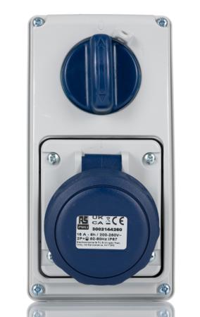 214-4260 RS PRO IP67 Blue Wall Mount 2P+E Vertical Industrial Power Socket, Rated At 16A, 230 V