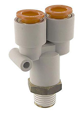 KQ2U11-36AS SMC PBT, PP Pneumatic Y Threaded-to-Tube Adapter, NPT 3/8 Male, Push In 3/8 in