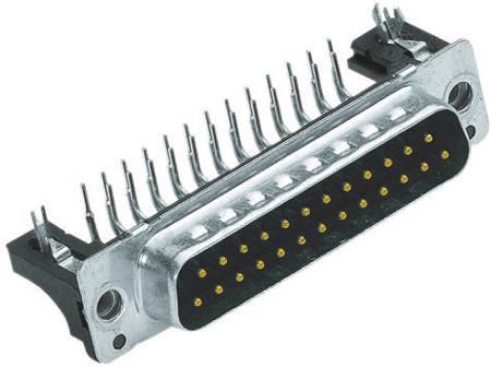 09664626816 HARTING 37 Way Right Angle Through Hole D-sub Connector Plug, 2.76mm Pitch, with 4-40 UNC Threaded Inserts, Boardlocks
