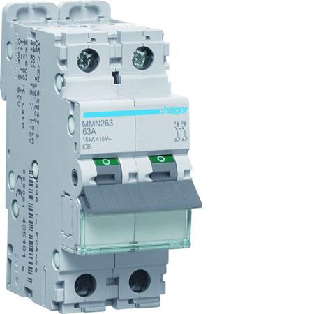 MMN263 Hager MMN MCB, 2P, 63A, 400V AC, 15 kA Breaking Capacity