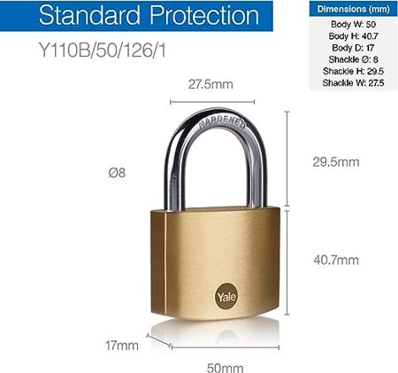 Y110B-50-126-1 Yale Padlock Brass Padlock, 8mm Shackle, 50mm Body