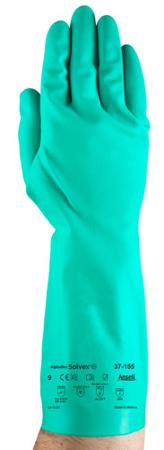 37155090 Ansell Alphatec Solvex 37-155 Green Nitrile Chemical Resistant Gloves, Size 9, Nitrile Coating