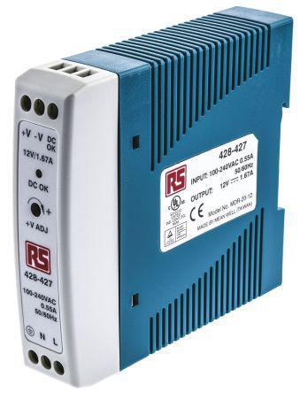 428-427 20W Switch Mode DIN Rail Panel Mount Power Supply, 12V dc/ 1.67A