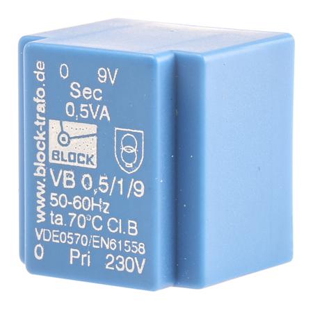 VB 0,5/1/9 Block 9V ac 1 Output Through Hole PCB Transformer, 0.5VA
