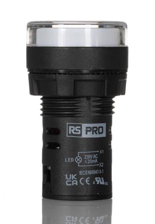 271-7491 RS PRO, Panel Mount White LED Pilot Light, 22mm Cutout, IP65, Round, 230V ac