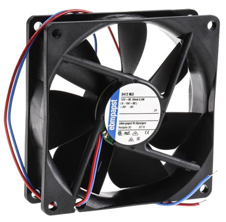 3412NLE ebm-papst 3400 N Series Axial Fan, 12 V dc, DC Operation, 61m³/h, 800mW, 92 x 92 x 25mm