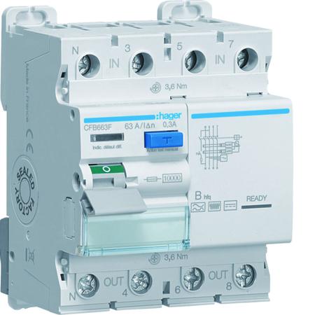 CFB663F Hager CFB RCCB, 63A, 3P+N Pole, 300mA, Type B, 230 → 400V ac
