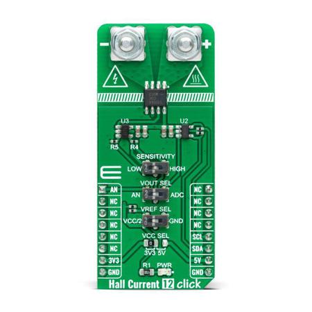 MIKROE-4798 MikroElektronika Hall Current 12 Click Hall Effect Sensor Add On Board for TMCS1100A4, MCP3221, LMV321 mikroBUS Socket
