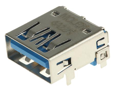 48393-0003 Molex Right Angle, Through Hole, Socket- Single Port Type A 3.0 USB Connector