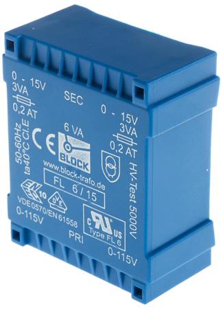 FL-6-15 15V ac 2 Output Through Hole PCB Transformer, 6VA