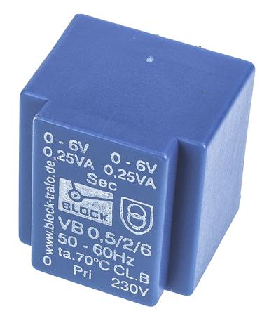 VB 0.5/2/6 Block 6V ac 2 Output Through Hole PCB Transformer, 0.5VA