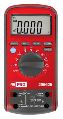 296-628 RS PRO Digital, LCD Digital Multimeter, 10A ac Max, 10A dc Max, 1000V ac Max - UKAS Calibrated