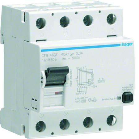 CFB463F Hager CFB RCCB, 63A, 4 Pole, 300mA, Type B, 230 → 400V ac