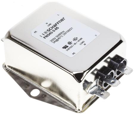 FN343-3-05 Schaffner FN 343 Series 3A 250 V ac 400Hz Chassis Mount RFI Filter, with Tab Terminals