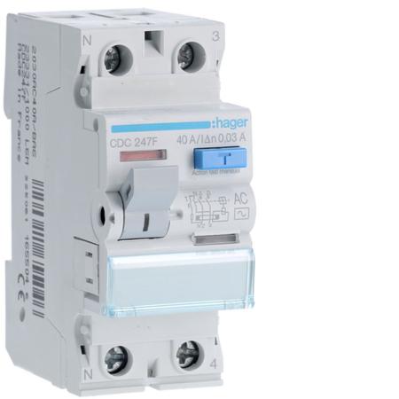 CDC247F Hager CDC RCCB, 40A, 2 Pole, 30mA, Type AC, 127 → 230V ac
